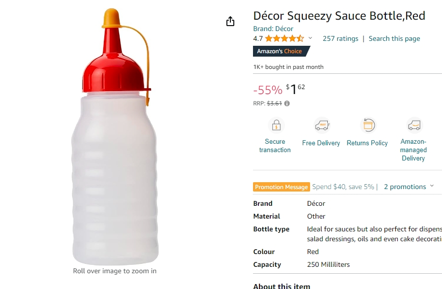 Décor挤压酱汁瓶，55%折扣，现价$1.62！@ Amazon