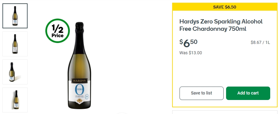 Hardys零气泡无酒精霞多丽白葡萄酒半价！750ml，现价$6.5！@ Woolworths