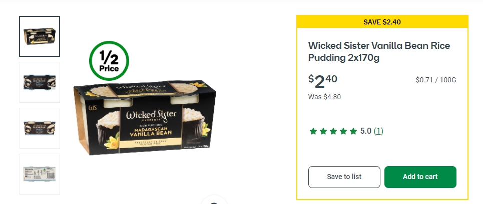 Wicked Sister 香草米布丁半价！2x170g  现价$2.4！@ Woolworths
