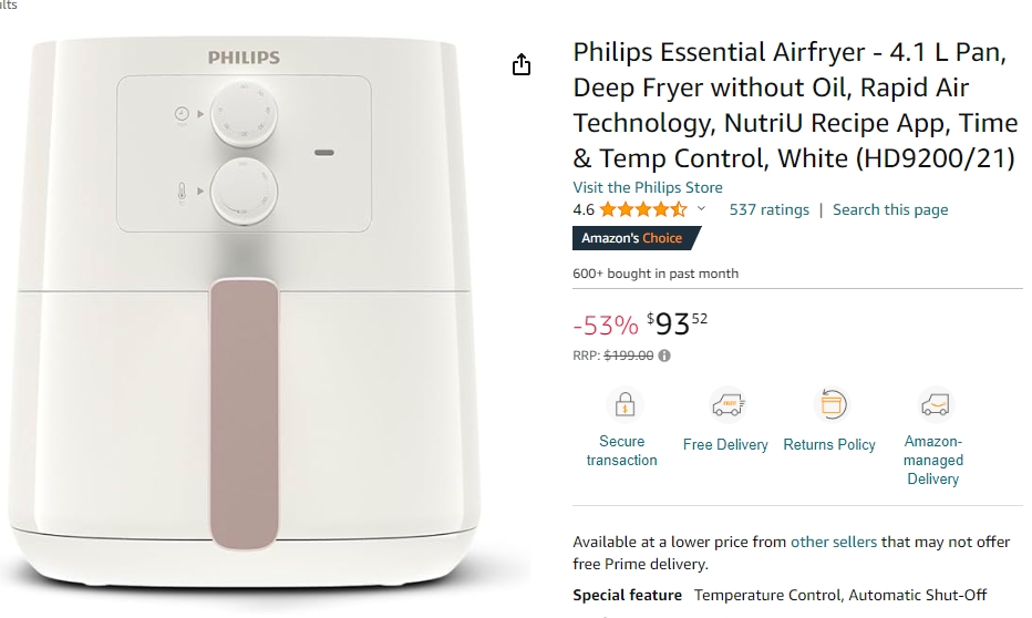 Philips空气炸锅53%折扣！原价$199.00，现价$93.52！@ Amazon