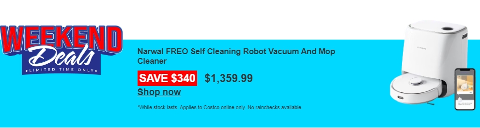 Costco优惠：Narwal FREO 自动清洁机器人真空和拖把清洁器，现价$1,359.99，省$340！