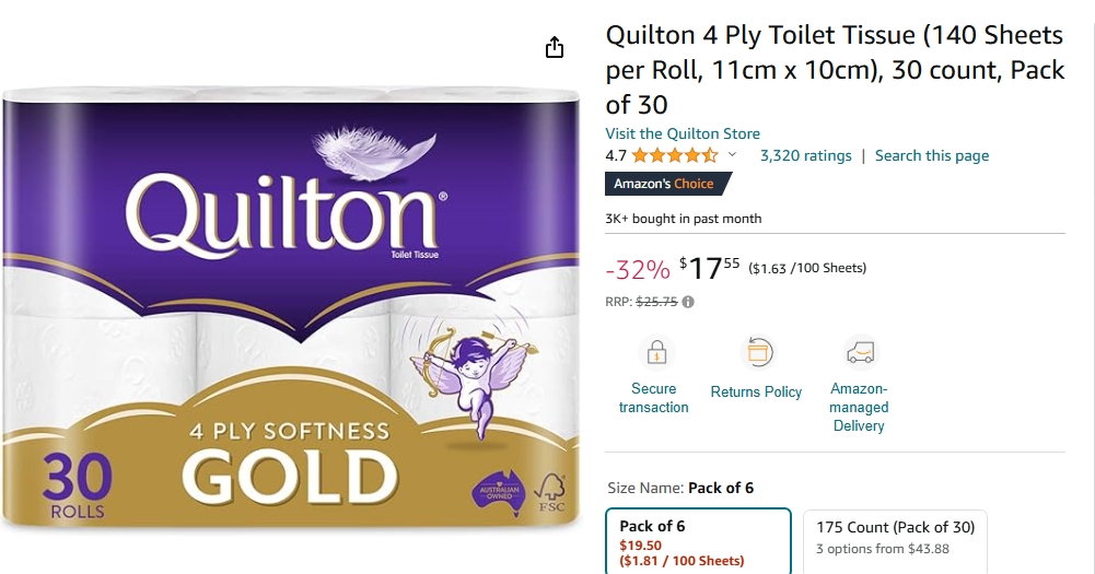 Quilton4层厕纸30卷，最高32%折扣，现价$17.55!@ Amazon