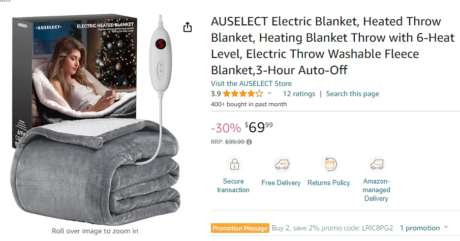 AUSELECT电热毯，30%折扣！现价$69.99！@ Amazon