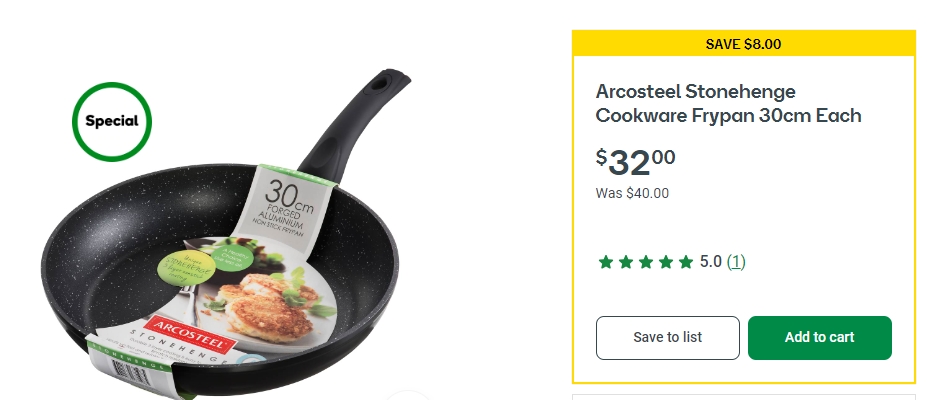 特别好用的Arcosteel平底锅20%折扣！30cm直径，现价$32！@ Woolworths