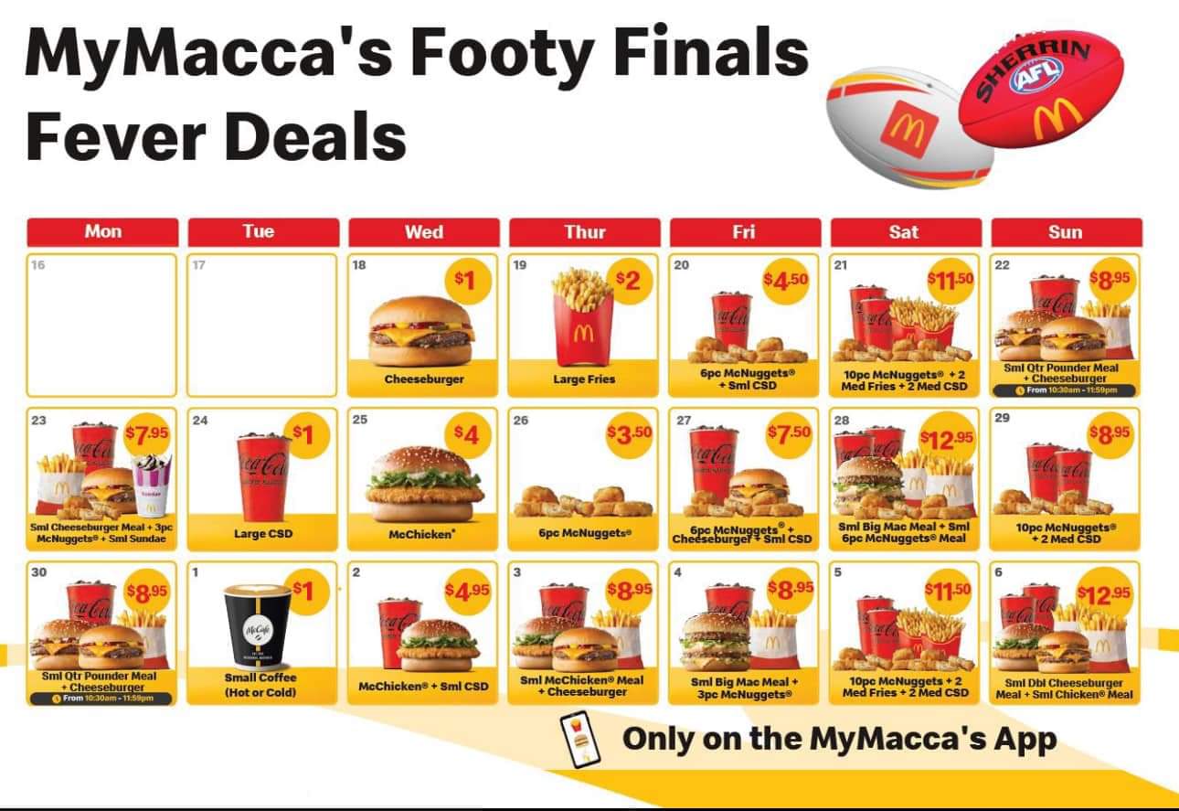 麦当劳Footy Finals Fever Deals 每日优惠活动开启！今日大份薯条$2.0！@ McDonald’s