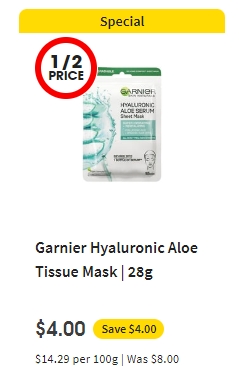 Garnier透明质保湿芦荟面膜半价！现价$4.00！@ Coles