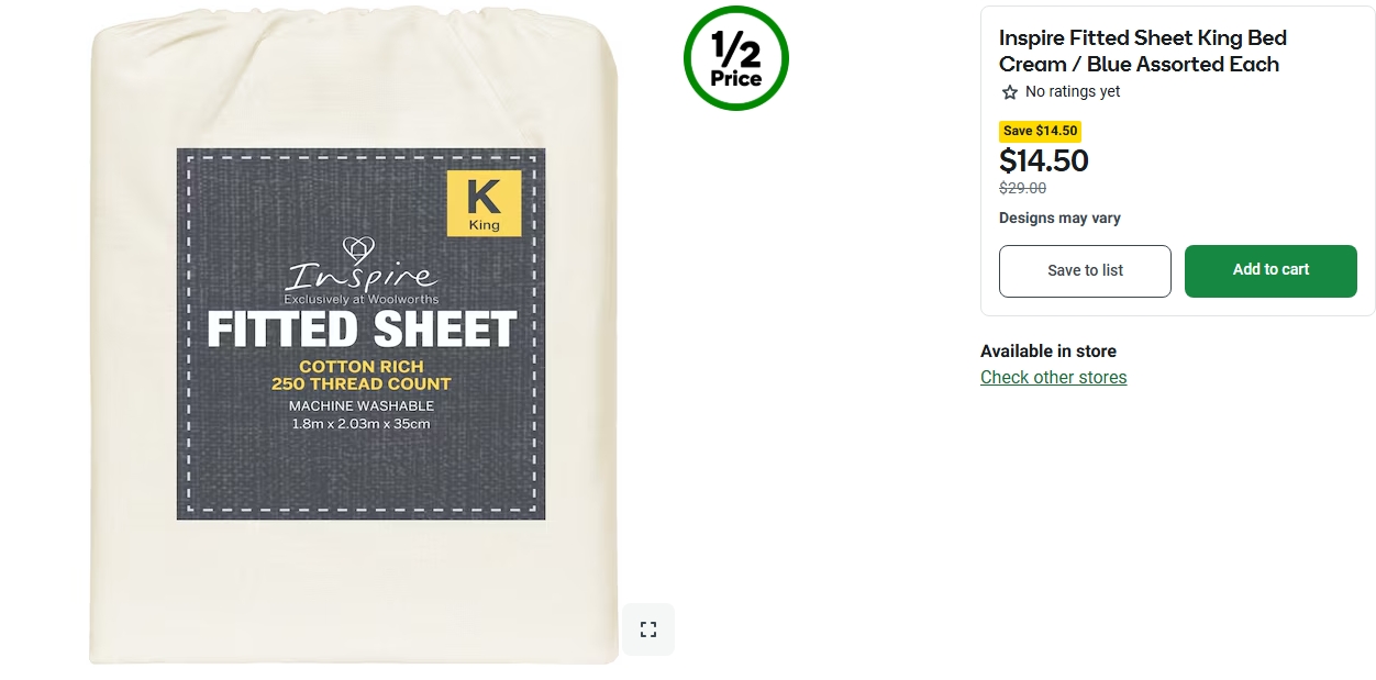 Inspire床笠半价，现价$14.50! @ Woolworths
